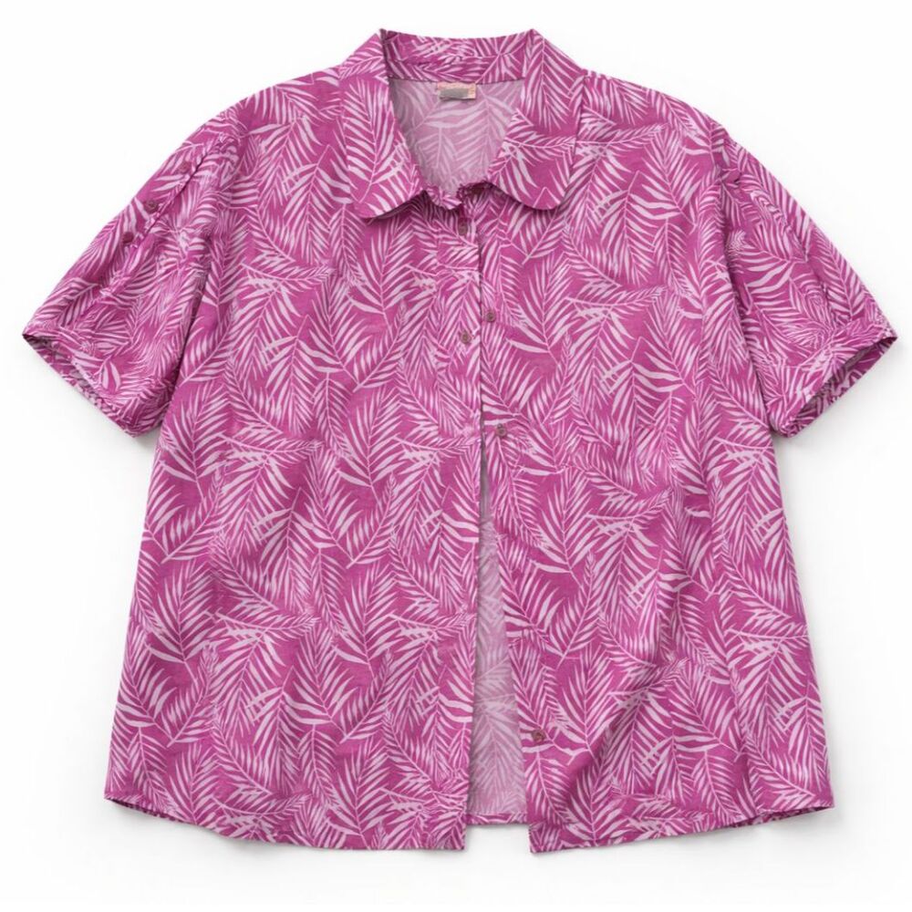 American Sweetheart Palm Print Shirt XL Pink Tropical Button Up Resort Coastal